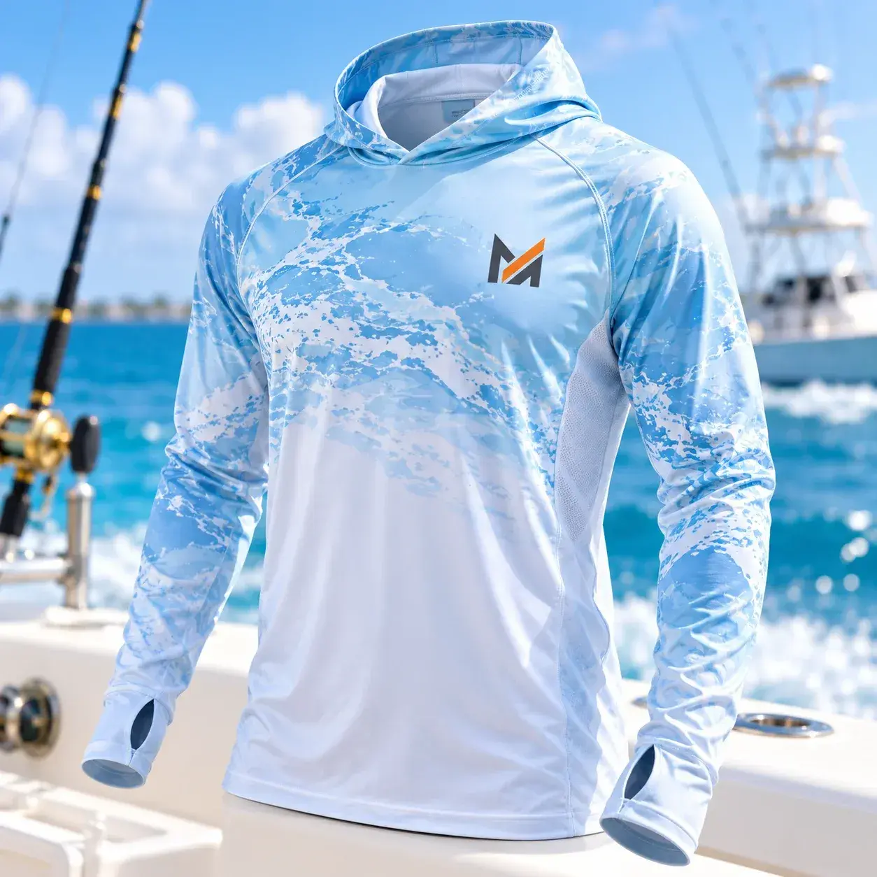 Light blue and white hooded sun fishing shirt displayed on a mannequin, featuring long sleeves, thumb-hole cuffs, breathable side panels, ocean-inspired print, and Mega Apparel branding on a fishing boat.